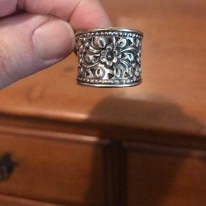 Flower Embroidered Sterling Silver Ring, Size 8